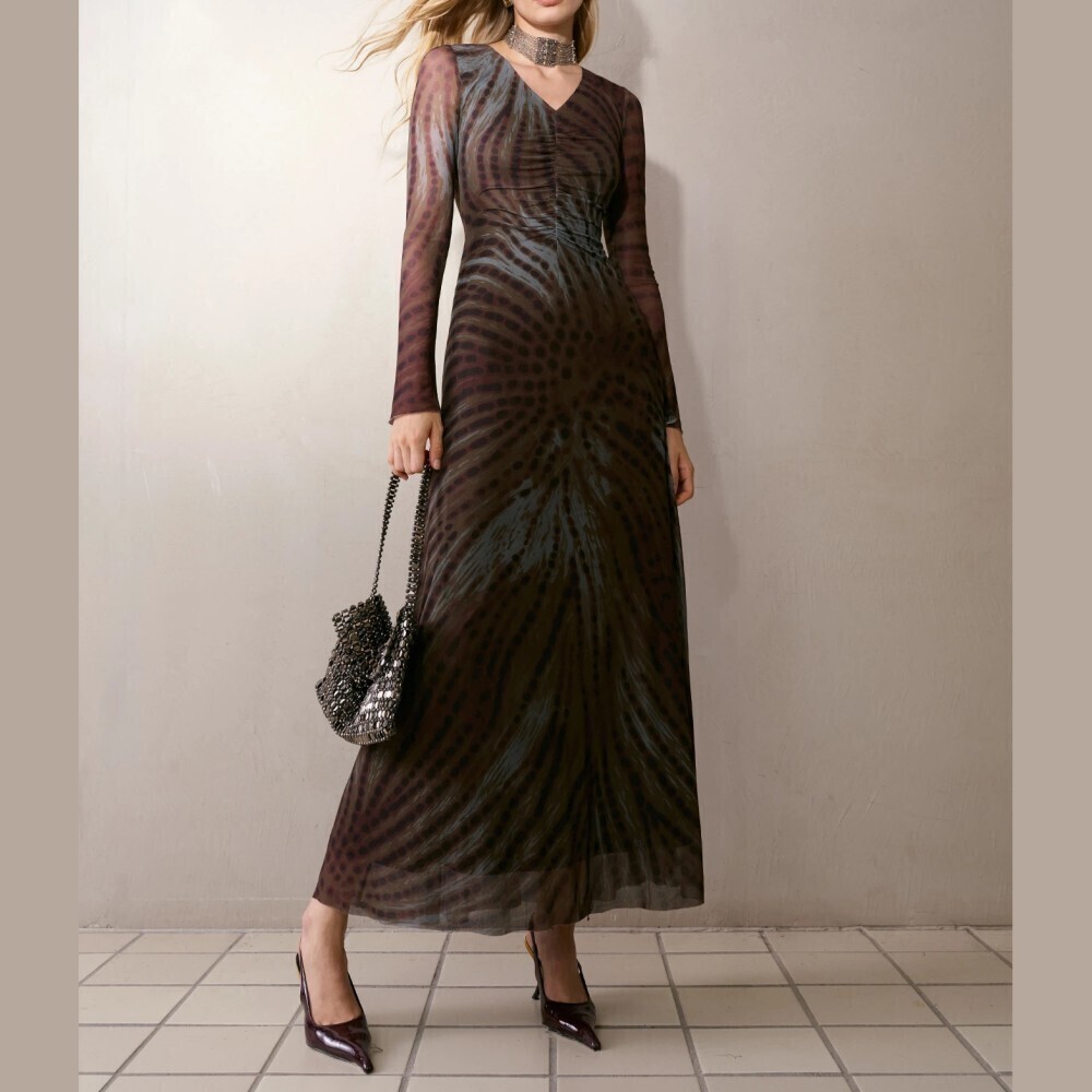 Brown Spiral Dot Pattern Mesh V Neck Long Sleeve Ruched Maxi Dress